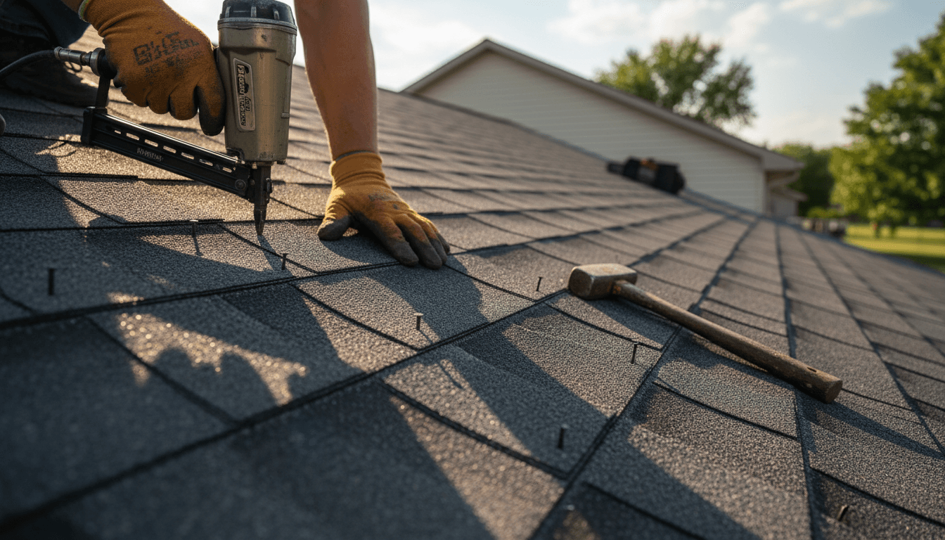 Roofer's hands carefully installing shingles with precision and attention to detail