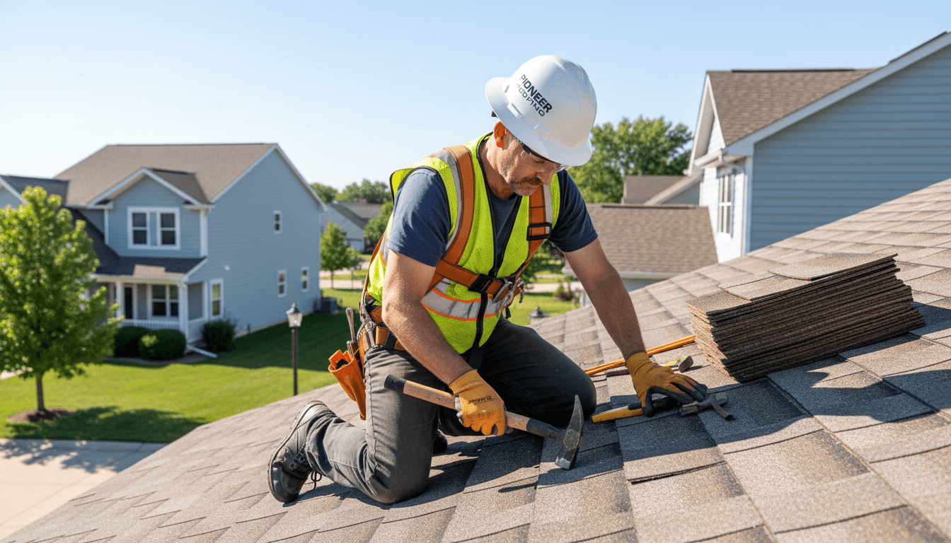 Contractor from Pioneer Roofing repairing shingles on a residential roof in Auburn Hills