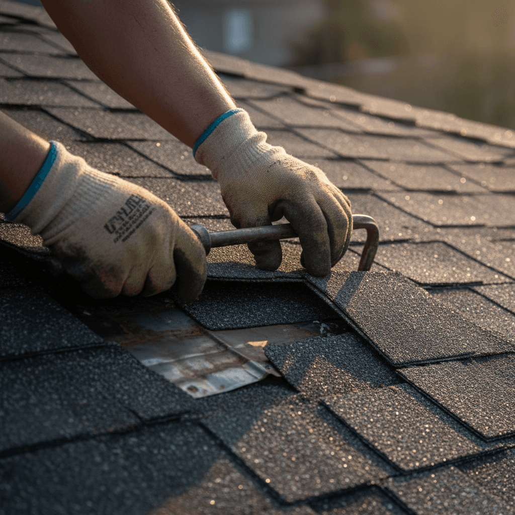 Close-up of roof repair work on residential shingles