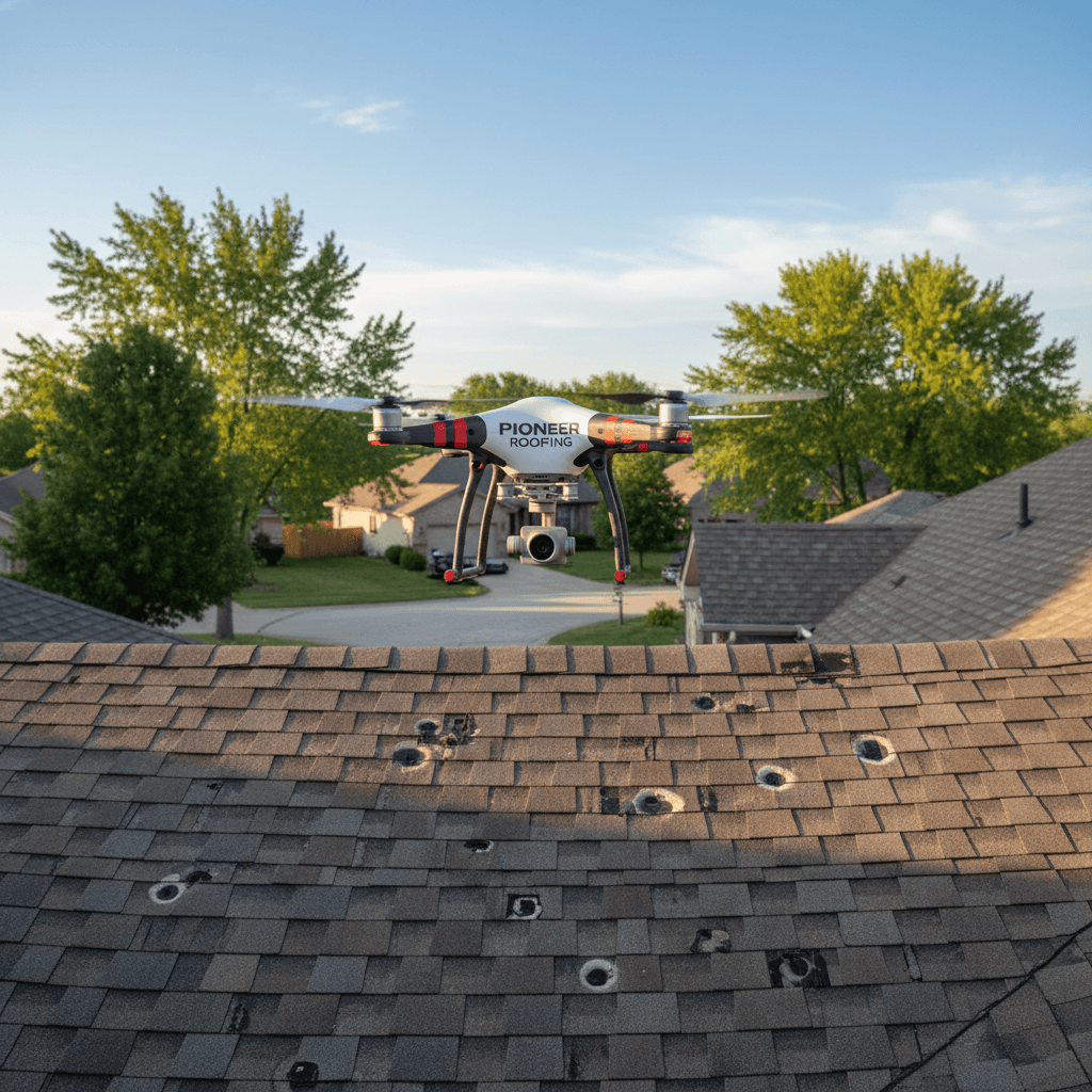 Drone inspecting hail damage on a residential roof in Auburn Hills.