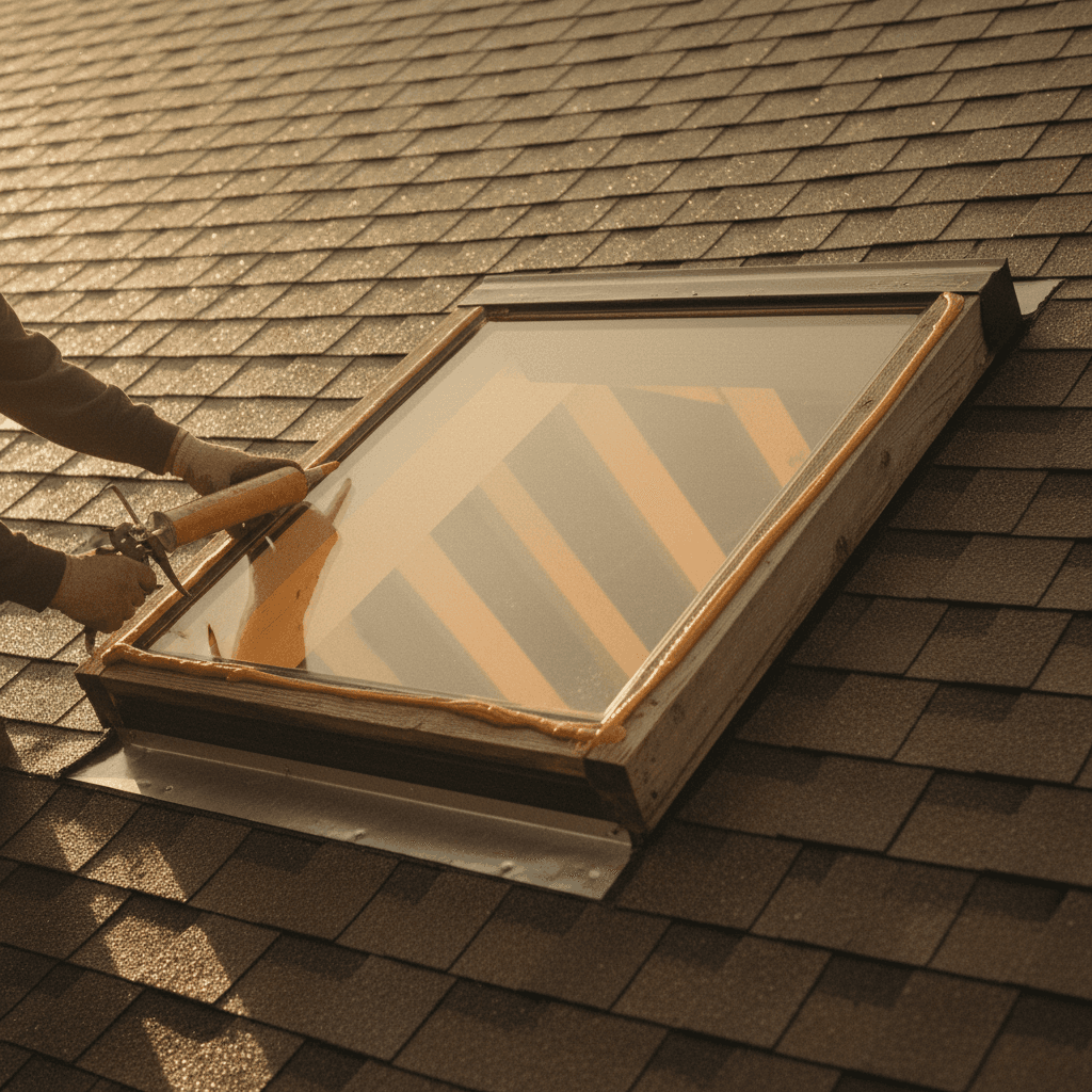 Roofer sealing custom skylight flashing for waterproofing