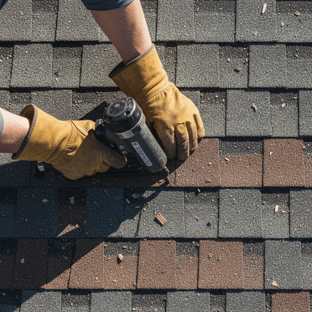 Roofer installing replacement shingles on residential roof
