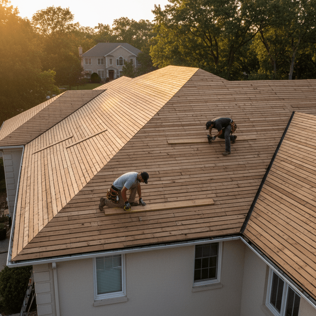 Wide view of full roof restoration project with new decking