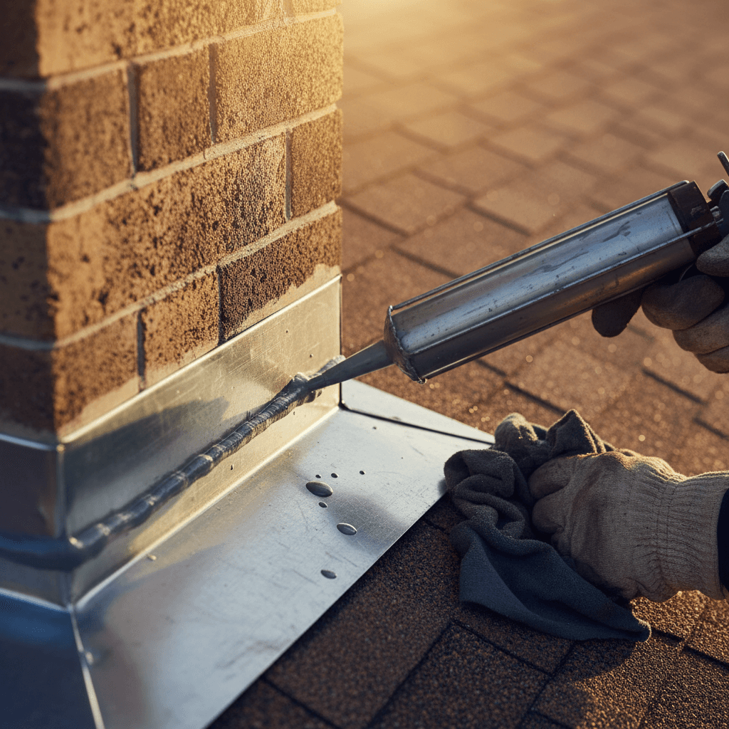 Roofer sealing flashing around chimney with waterproof caulk