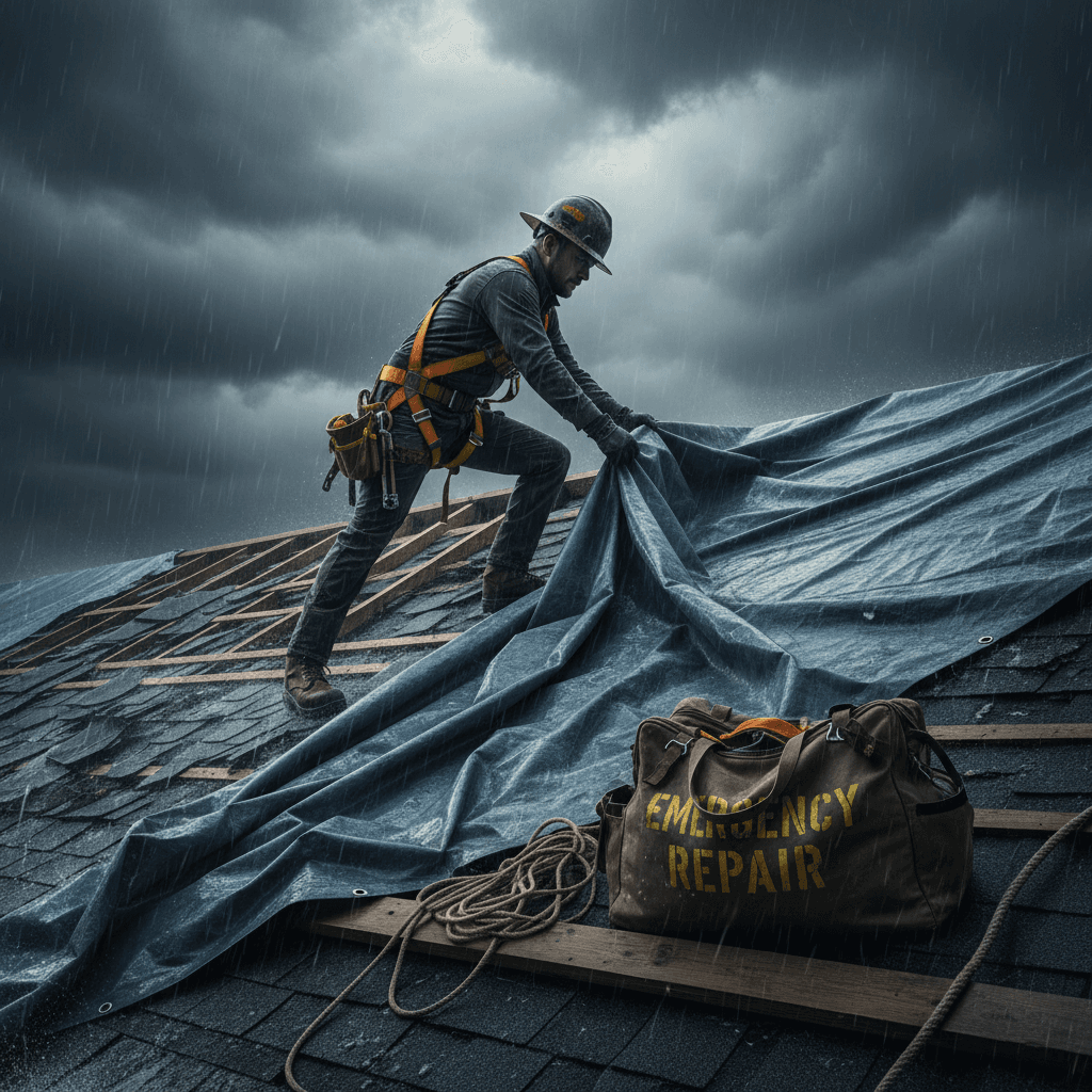 Emergency roof tarping and damage mitigation during storm response