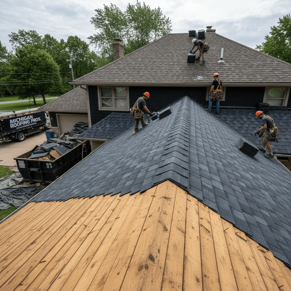 Full roof restoration project showing new shingle installation on residential home