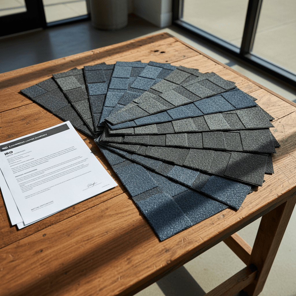 IKO Cambridge shingle samples with warranty documentation